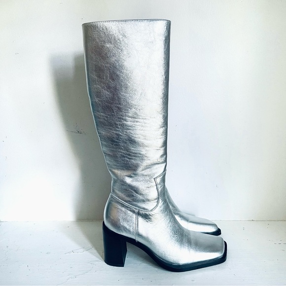 Anthropologie Shoes - Anthropologie Caverley Oscar Metallic Silver Leather Slim Calf Tall Boot Size 39